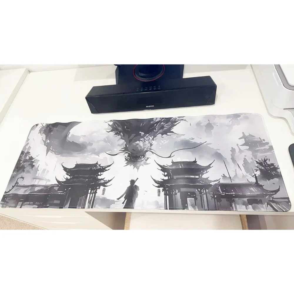 Chinese Ink Style Dark Dragon & Ancient Pavilion Large Gaming Mouse Pad